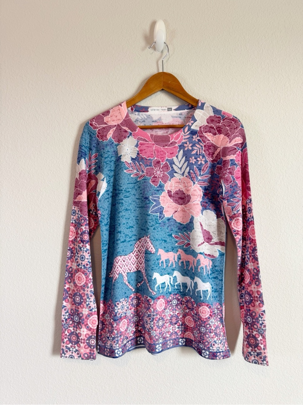 Sundance Whimsy Rose Floral Horse Print Burnout Thermal Waffle Long Sleeve Top M - Picture 1 of 8